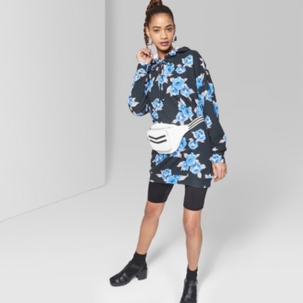 Wild Fable Black and Blue Long Sleeve Floral Hooded Sweatshirt Dress Size Large